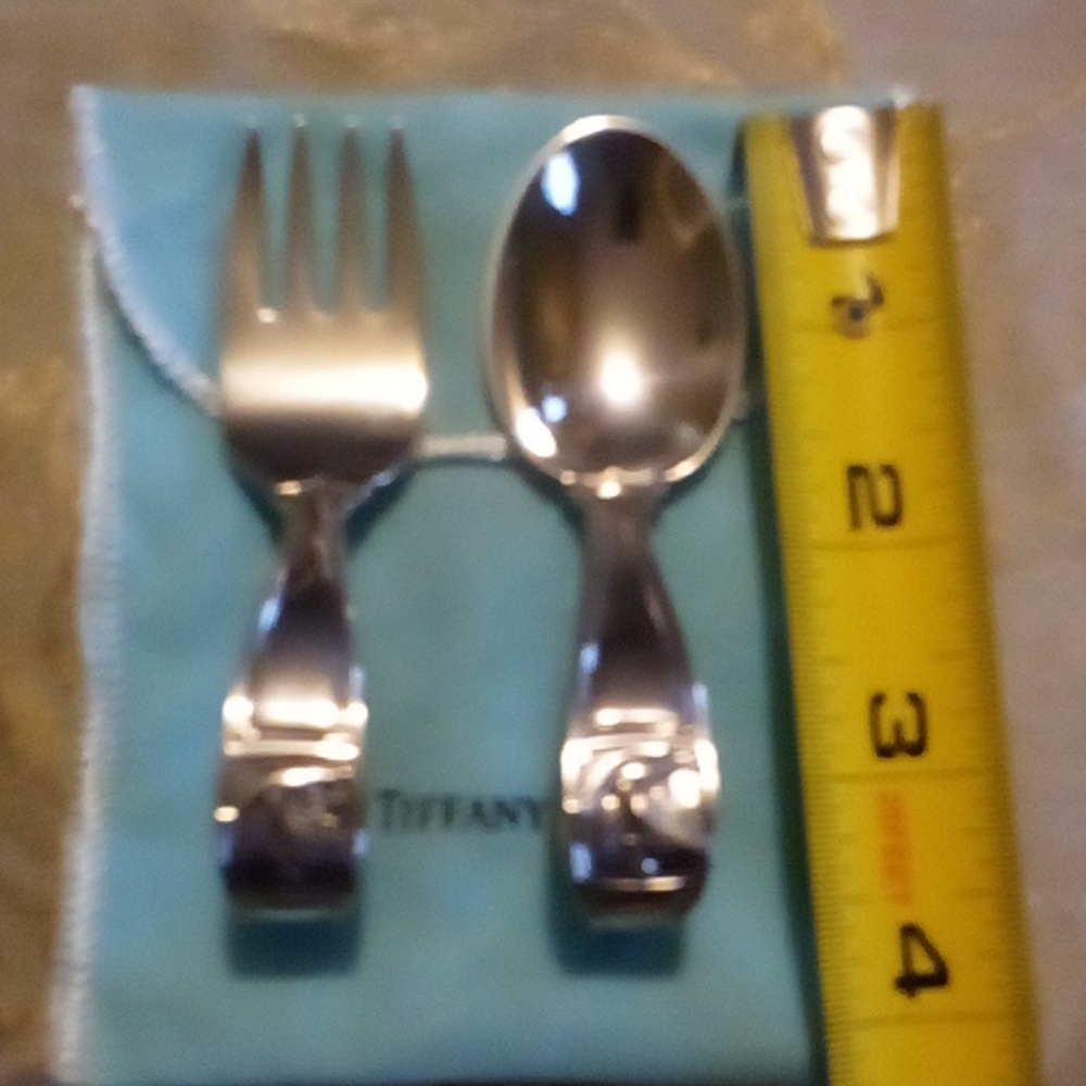 Tiffany Sterling baby spoon & Fork Mother Goose vtg with flannel pouch & bag - Picture 5 of 8
